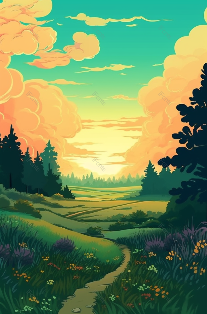 小满节气绿色的森林小道小路两野花花簇盛开背景卡通插画,插画/手绘图,插画/手绘图库,插画/手绘图下载,插画/手绘